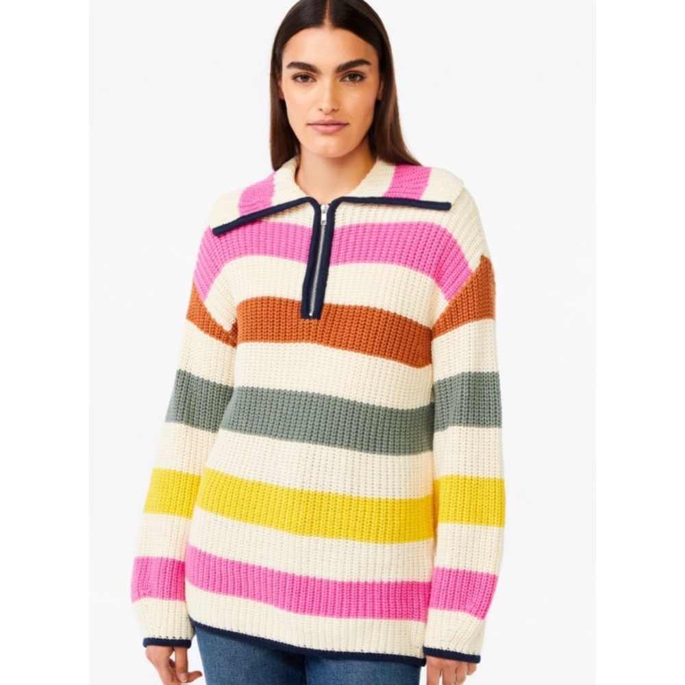 Free Assembly Chunky Knit Colourful Striped Zip Sweater Cotton Wool XL X-Large